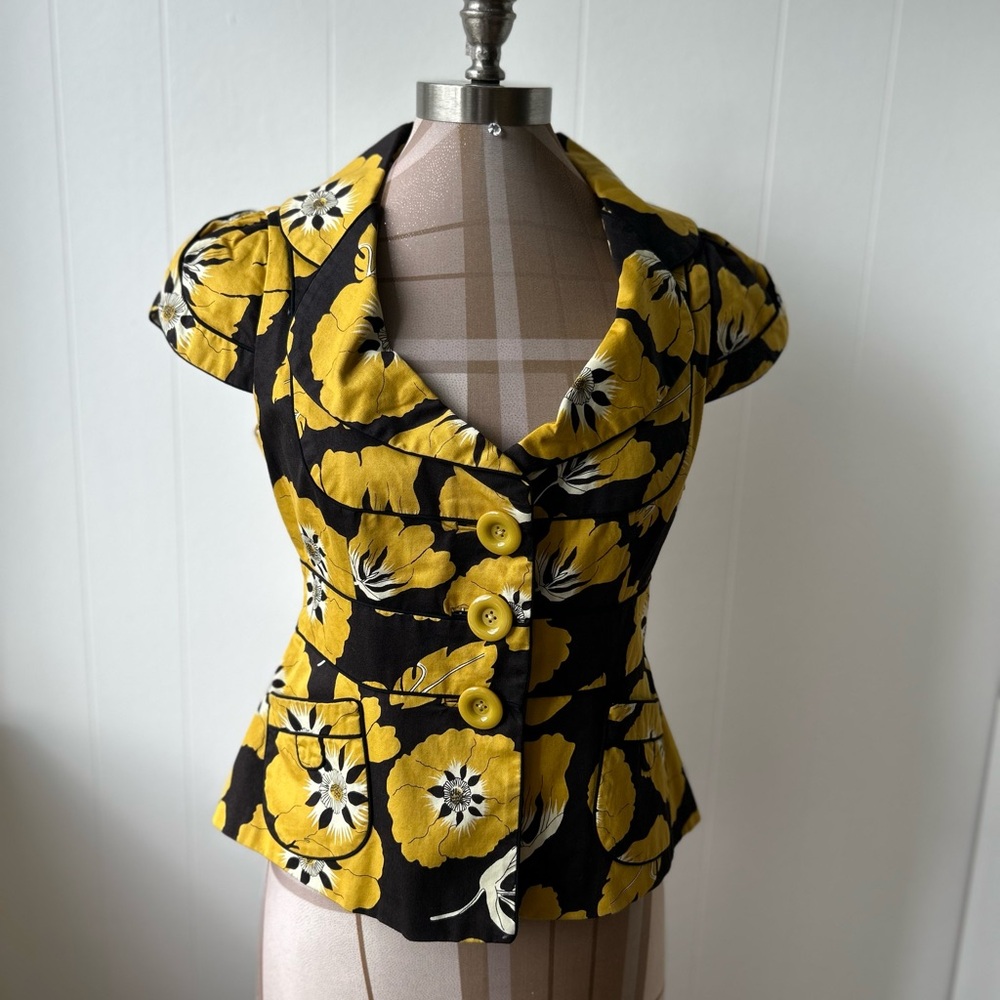 Elevenses Anthropology Floral Black and Yellow Women's Peplum Blouse/Jacket